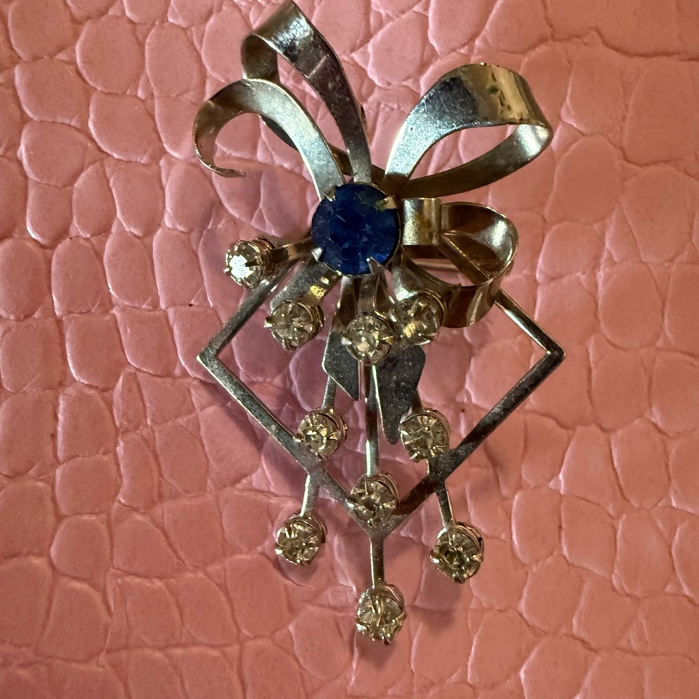 Silver-Tone Bow Pendant Brooch with Blue Center and Clear Rhinestones
